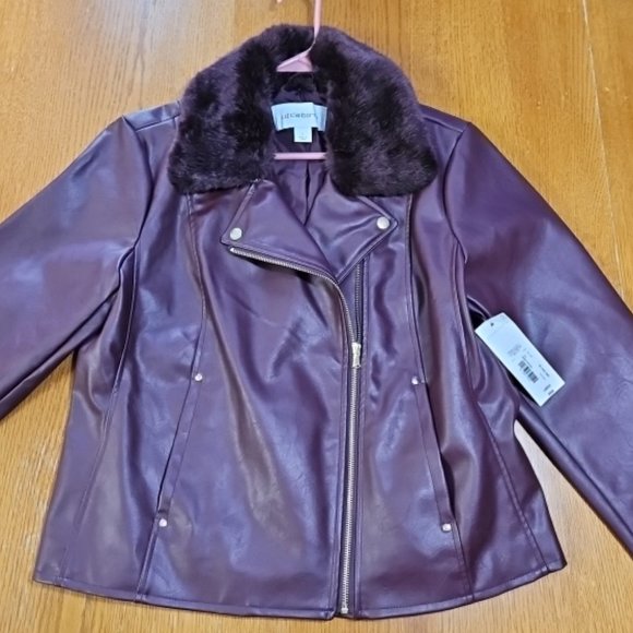 NEW Liz Claiborne Removable Faux Fur Collar Zip Coat size L Faux Leather Maroon - Picture 14 of 15